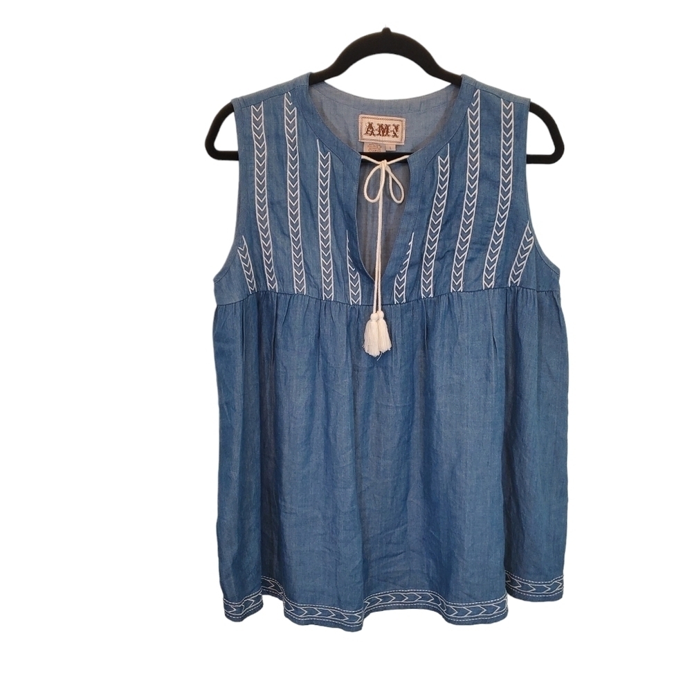 AMX Large 100% Lyocell Embroidered Sleeveless Tassle Denim Tunic Top